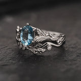 READY TO SHIP: Freesia bridal ring set with aquamarine & matching band with diamonds, 14K white gold, AVAILABLE RING SIZES: 5.5 - 8.5 US