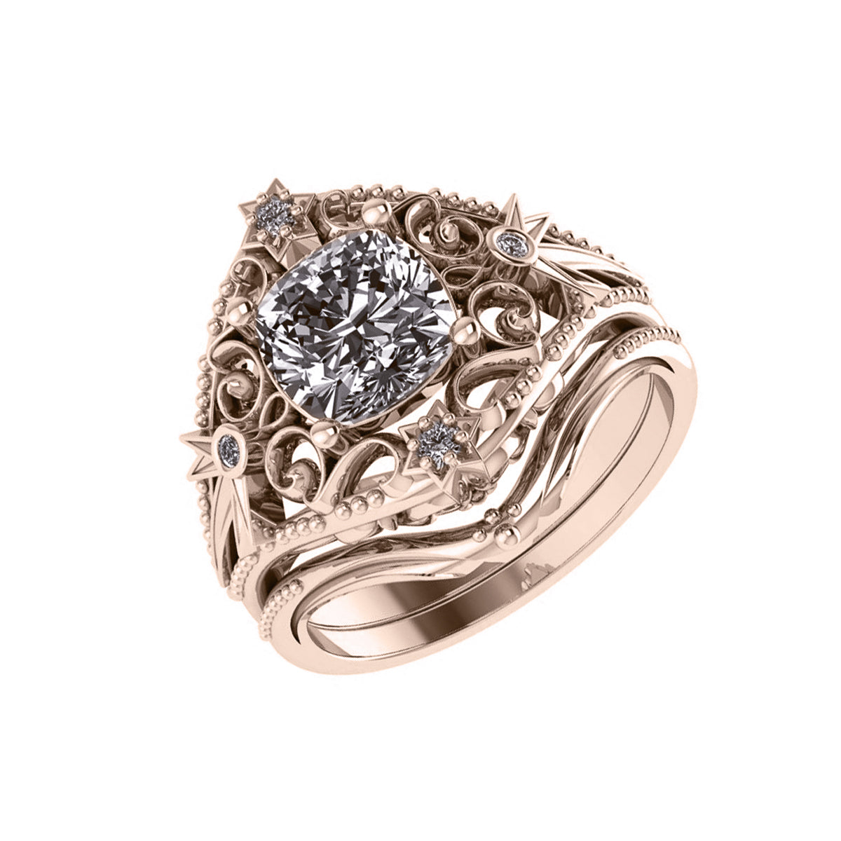 Galaxia | custom bridal ring set, cushion-cut 7mm - Eden Garden Jewelry™