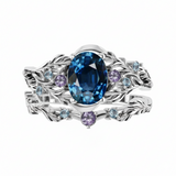 Custom order: Japanese Maple bridal set with blue sapphire, accent amethysts & aquamarines