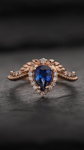 Genuine sapphire engagement ring, rose gold halo engagement ring / Lyonella - Eden Garden Jewelry™