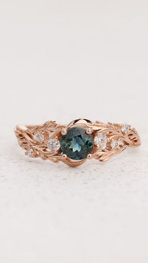 Genuine teal sapphire engagement ring, leaf and diamonds promise ring / Japanese Maple - Eden Garden Jewelry™