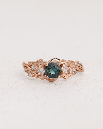 Genuine teal sapphire engagement ring, leaf and diamonds promise ring / Japanese Maple - Eden Garden Jewelry™