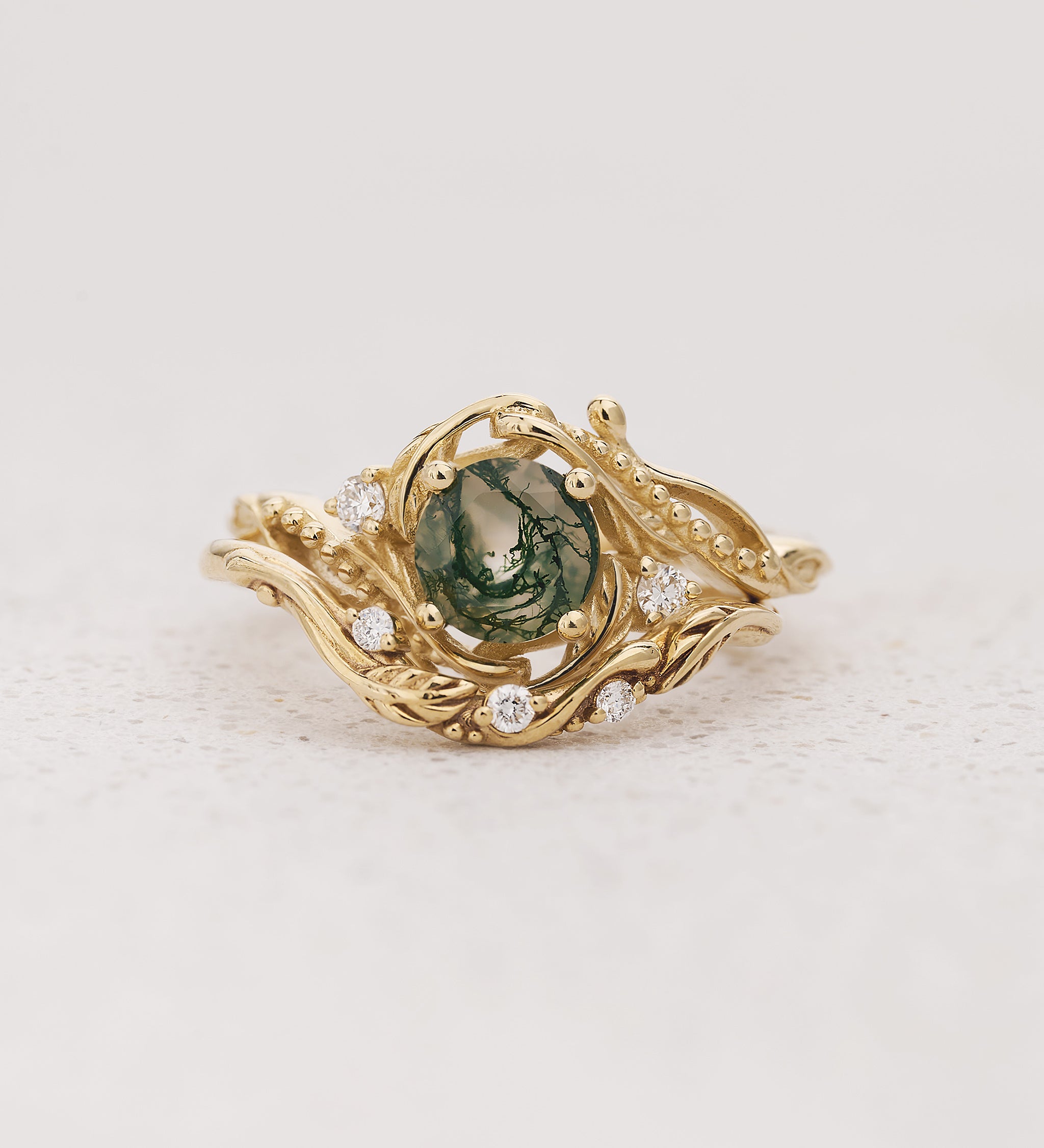 Gold bridal ring set with natural round moss agate and accent diamonds / Undina - Eden Garden Jewelry™