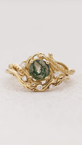 Gold bridal ring set with natural round moss agate and accent diamonds / Undina - Eden Garden Jewelry™
