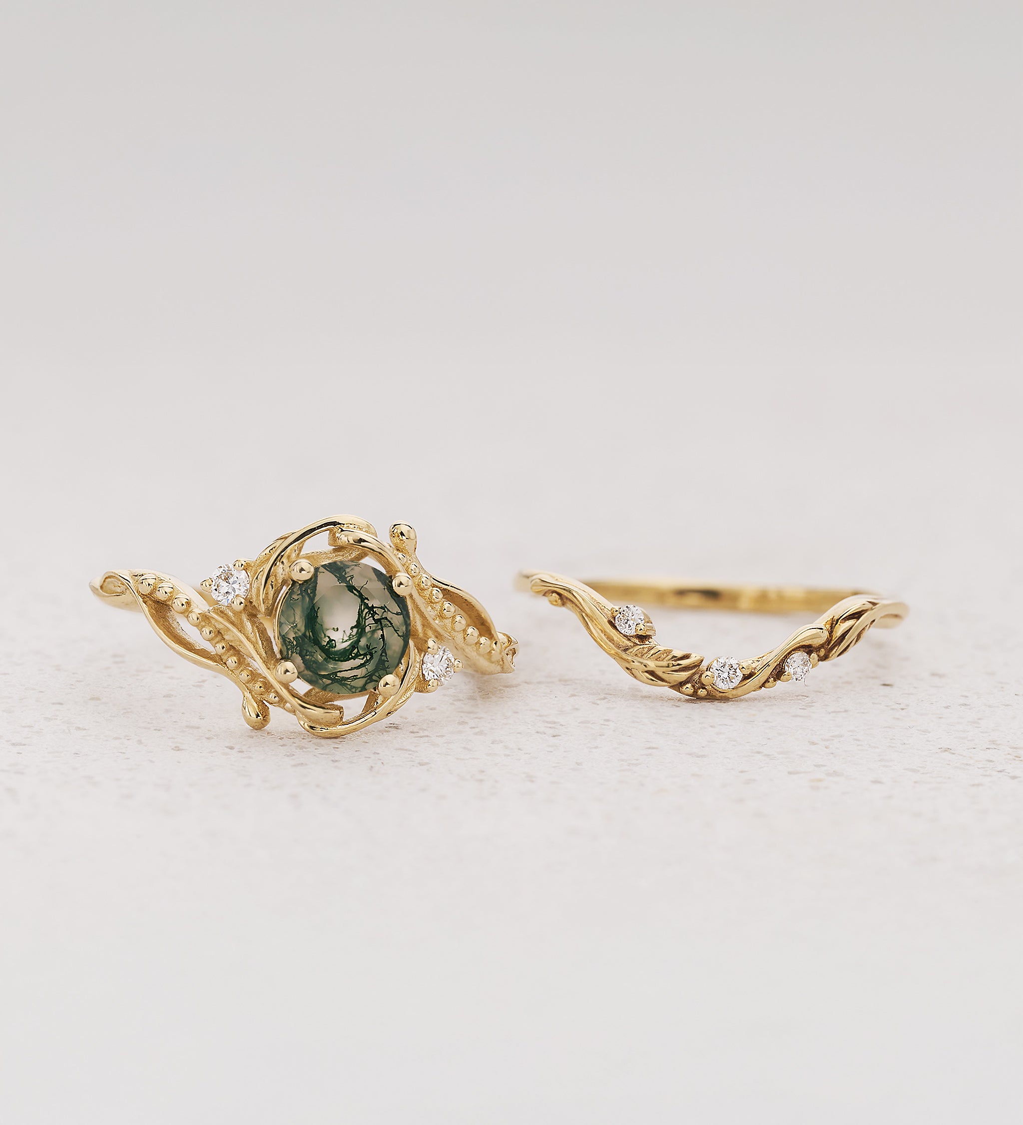 Gold bridal ring set with natural round moss agate and accent diamonds / Undina - Eden Garden Jewelry™