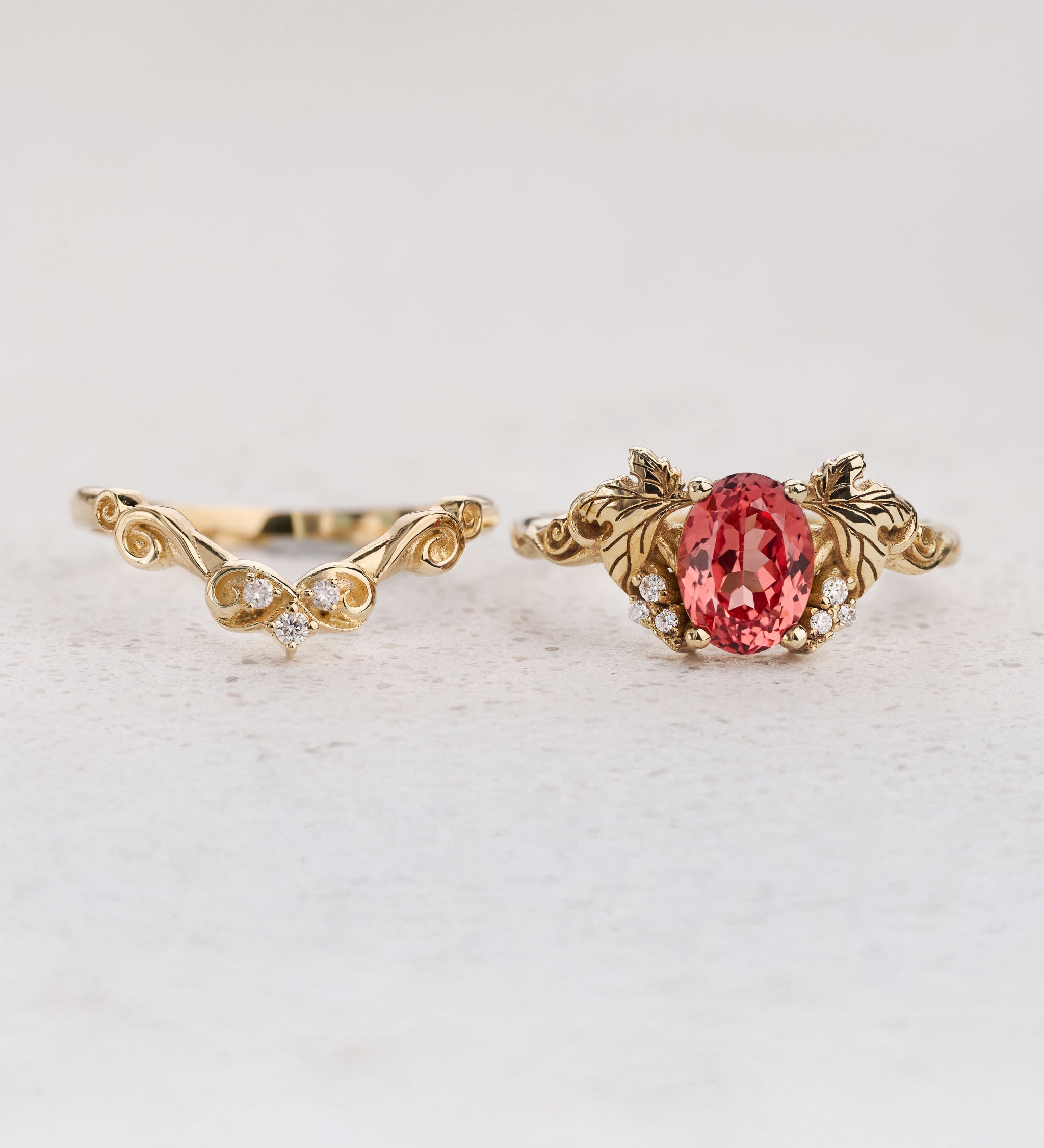 Grape Leaves Bridal Set with Oval Padparadscha Sapphire Engagement Ring / Vineyard - Eden Garden Jewelry™