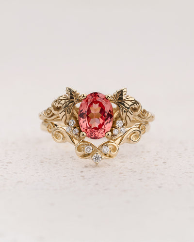 Grape Leaves Bridal Set with Oval Padparadscha Sapphire Engagement Ring / Vineyard - Eden Garden Jewelry™