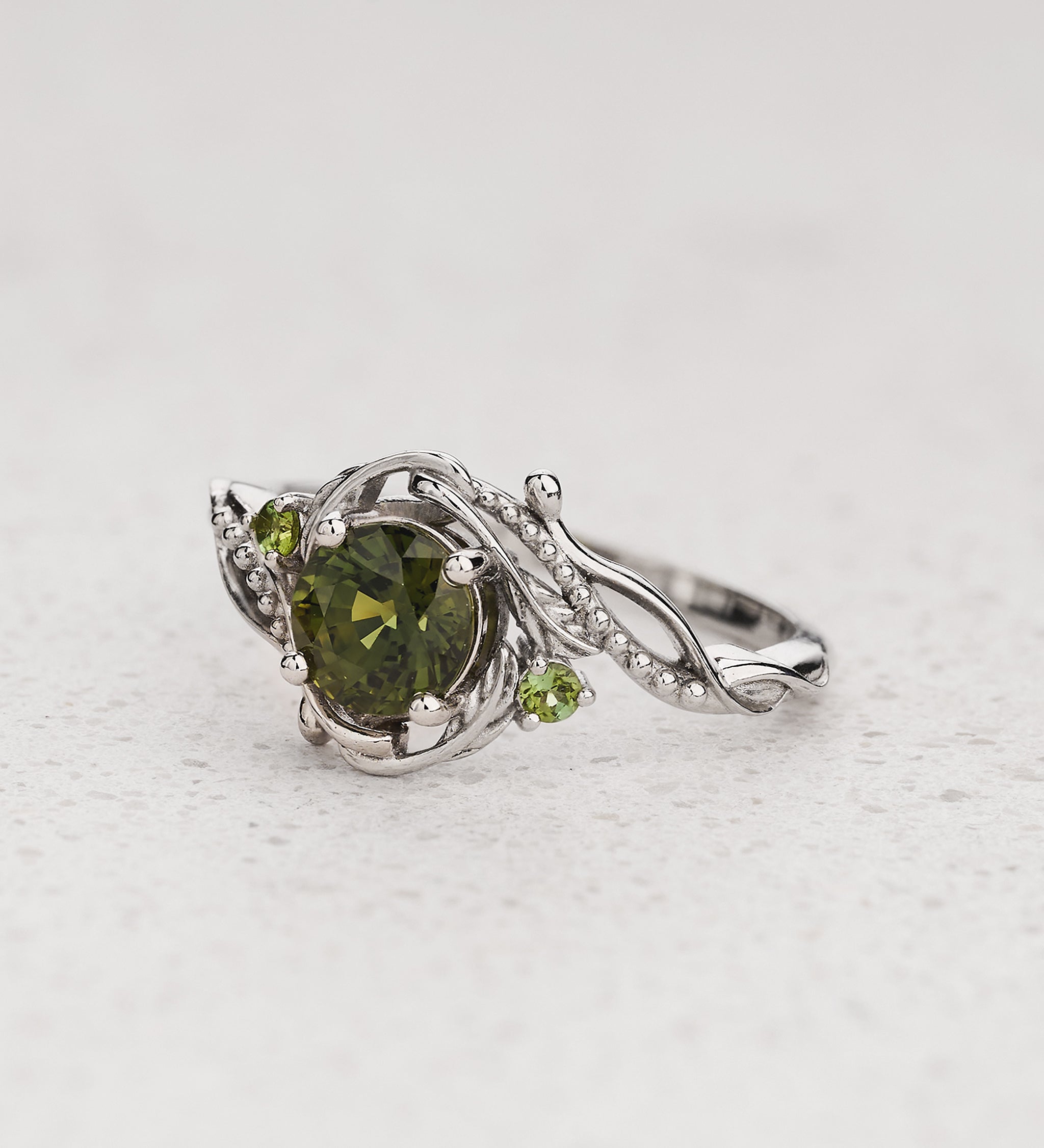 READY TO SHIP Undina bridal set with natural green sapphire and accent tourmalines, 14K white gold, AVAILABLE RING SIZES 6.5 - 9.5 US - Eden Garden Jewelry™