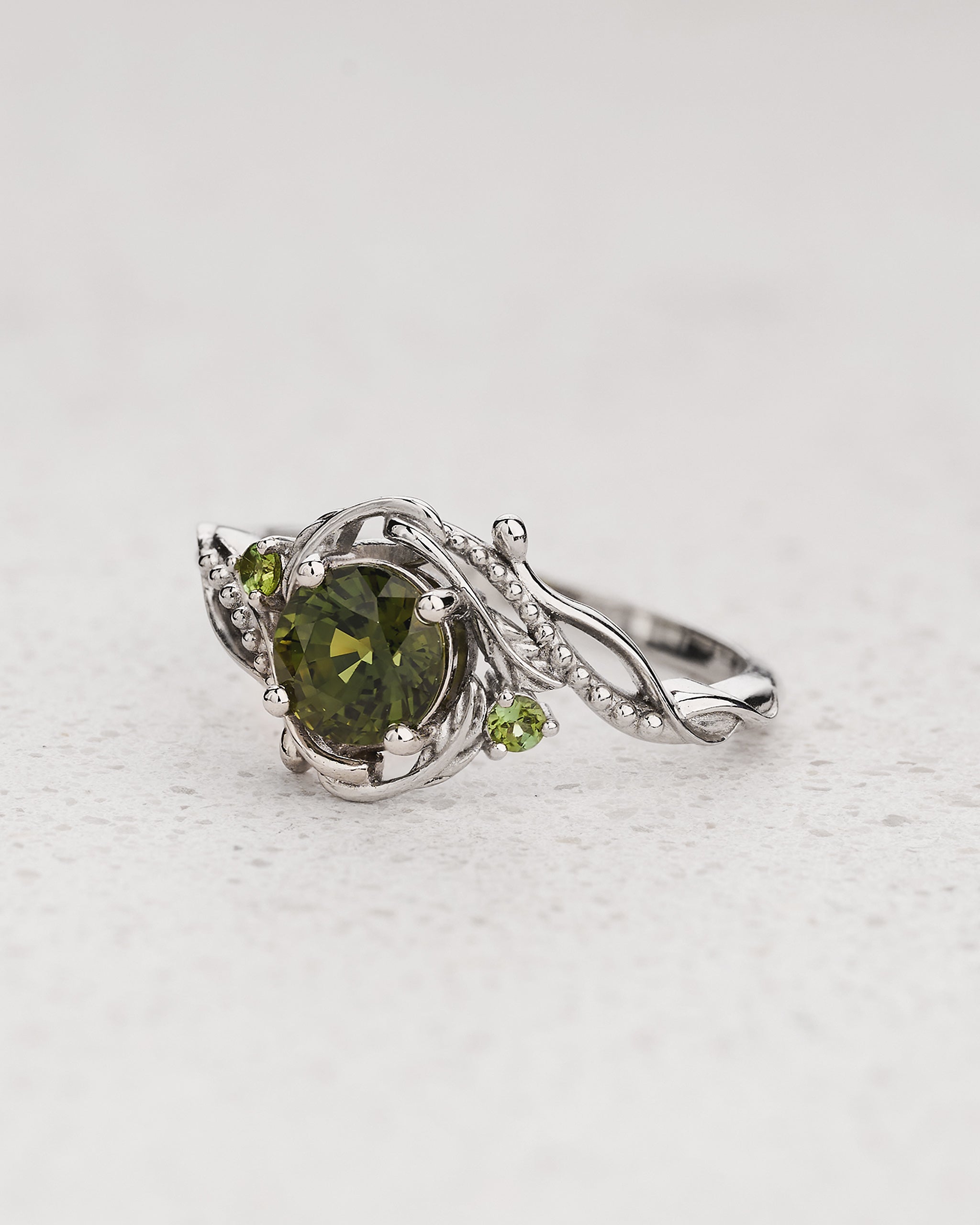 READY TO SHIP Undina bridal set with natural green sapphire and accent tourmalines, 14K white gold, AVAILABLE RING SIZES 6.5 - 9.5 US - Eden Garden Jewelry™