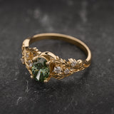 READY TO SHIP: Japanese Maple ring with green lab-grown diamond, 14K yellow gold, AVAILABLE RING SIZES: 5.5 - 8.5 US