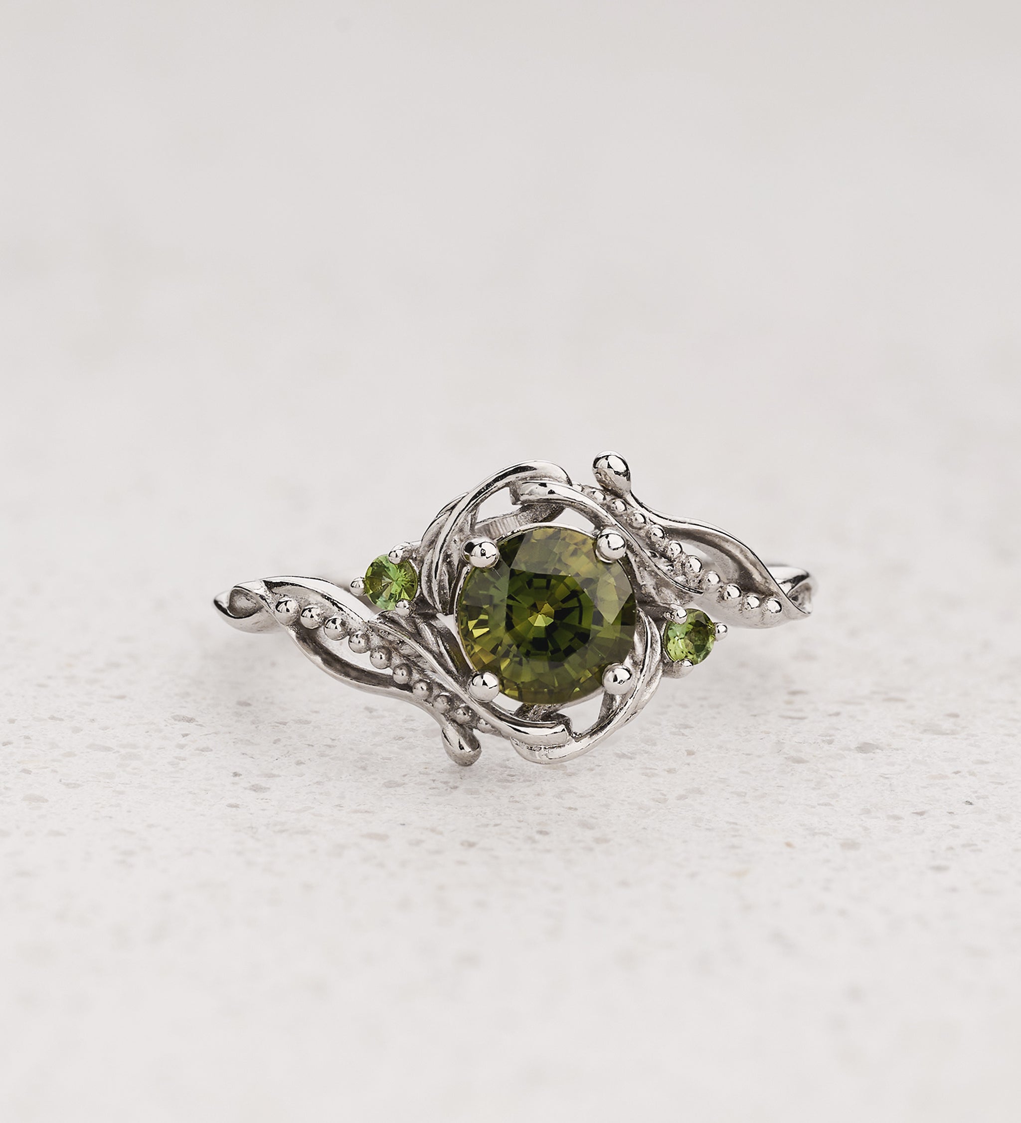 Green Sapphire Engagement Ring with Accent Green Tourmalines / Undina - Eden Garden Jewelry™