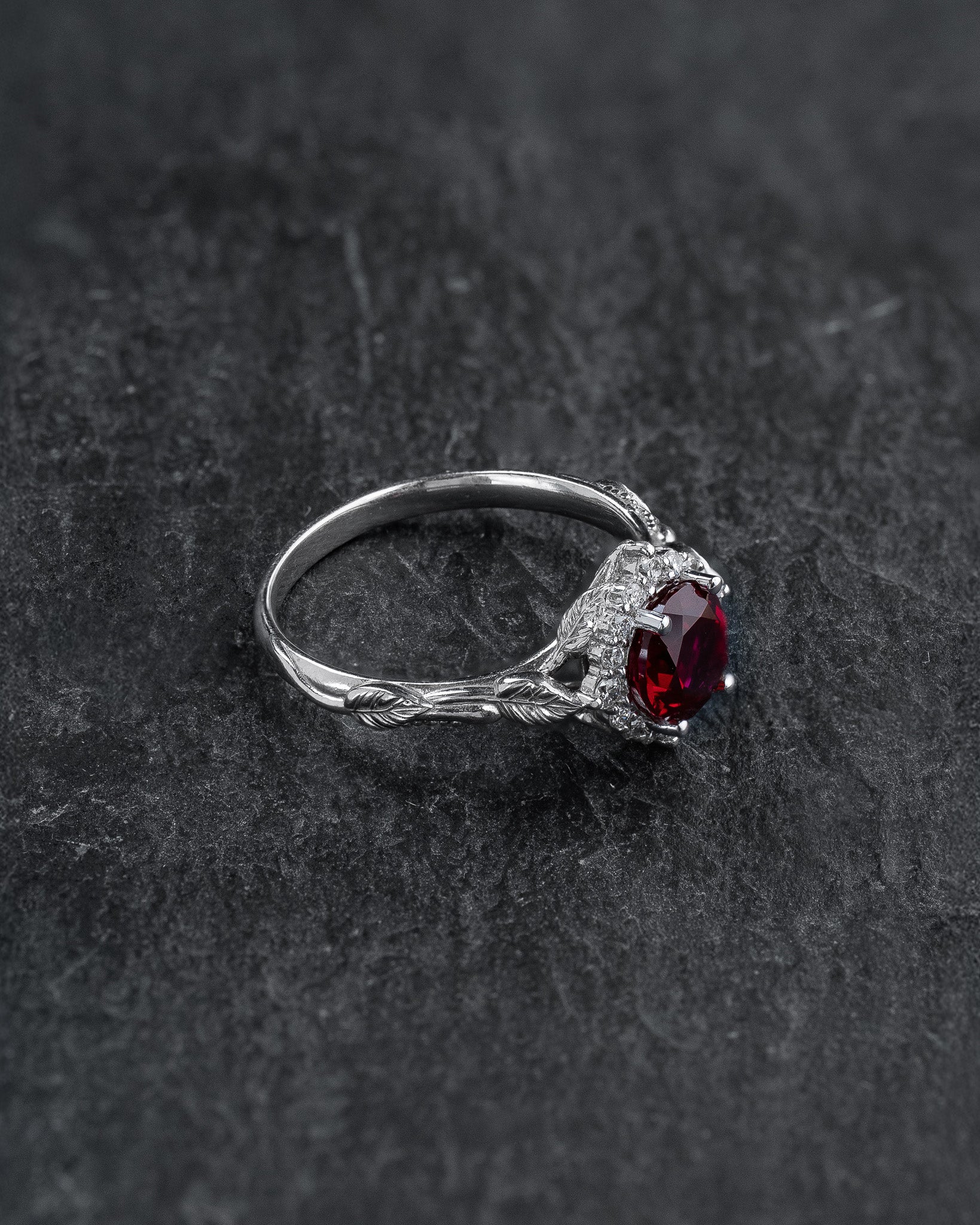 Ruby Engagement Rings Dark Crescent Moon Infinity Pear Cut Lab