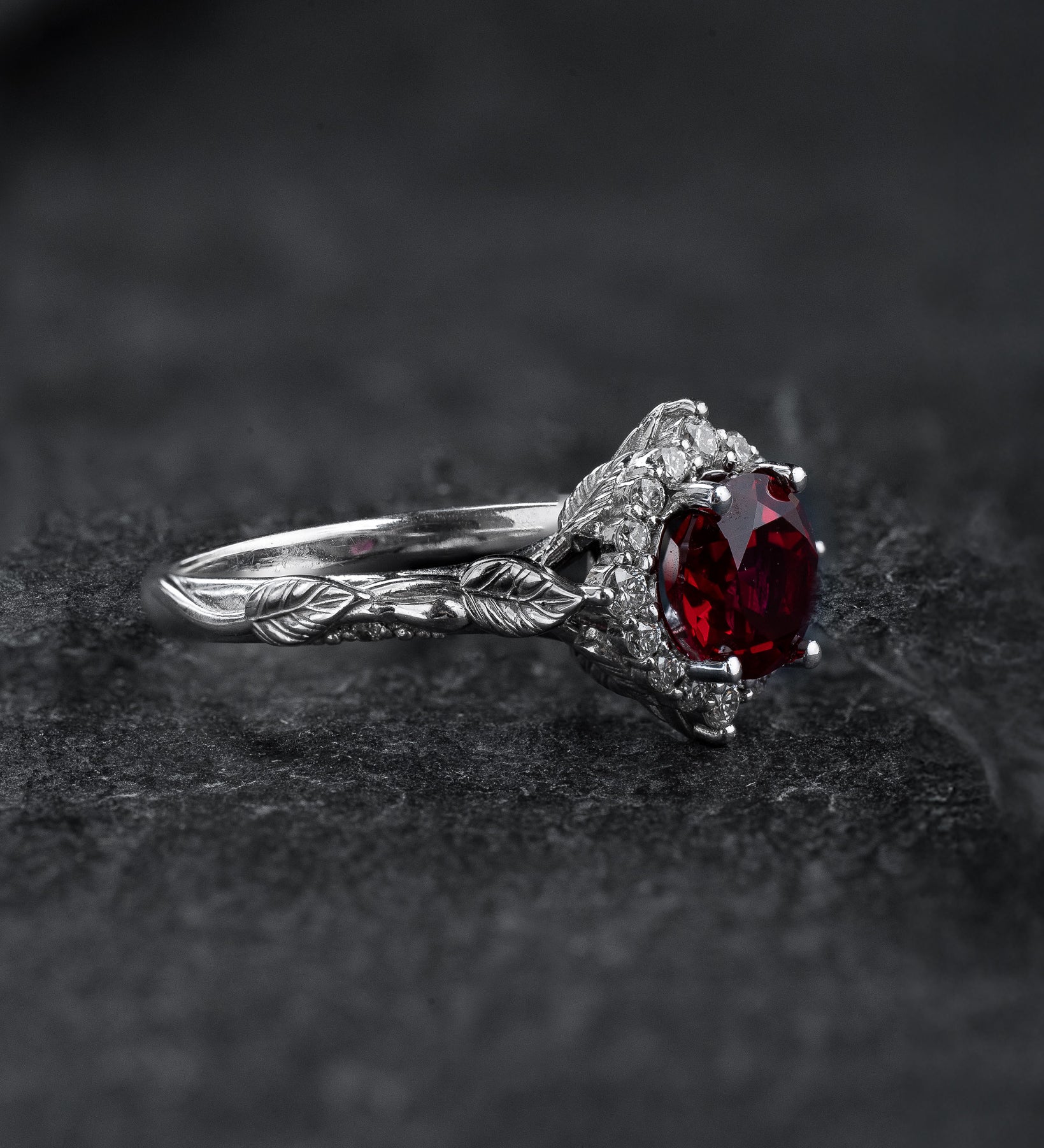 Halo engagement ring with 1.5 carat lab ruby, white gold leaf engagement ring  / Florentina - Eden Garden Jewelry™