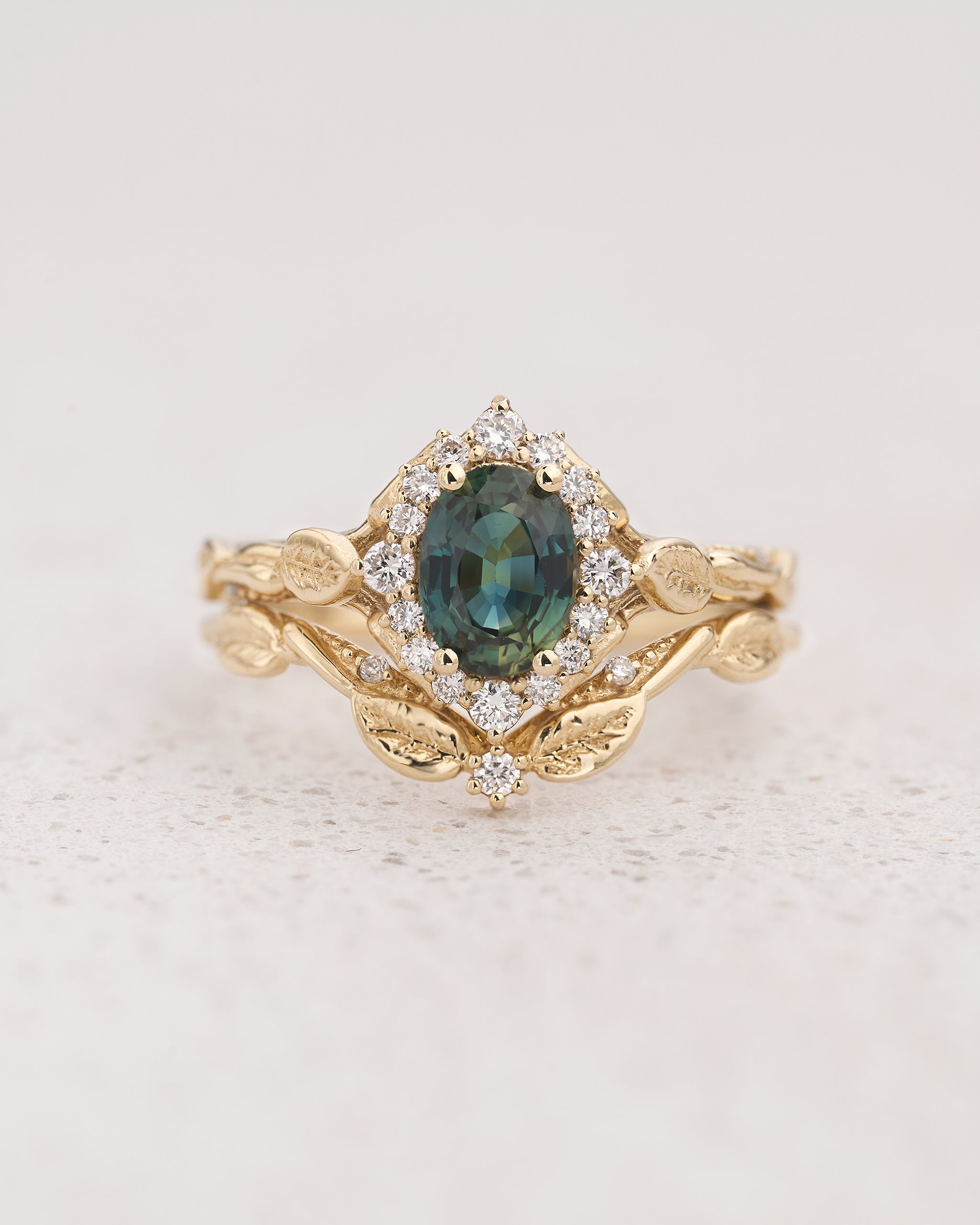 Halo sapphire leaf engagement ring set, nature inspired gold ring with diamond halo / Florentina - Eden Garden Jewelry™