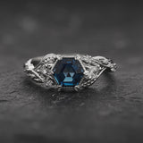 READY TO SHIP: Patricia ring with hexagon-cut natural london blue topaz, 14K white gold, AVAILABLE RING SIZES: 5.5 - 8.5 US
