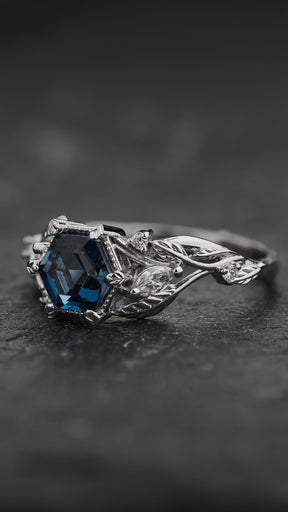 READY TO SHIP Patricia ring with hexagon-cut natural london blue topaz, 14K white gold, AVAILABLE RING SIZES: 5.5 - 8.5 US - Eden Garden Jewelry™