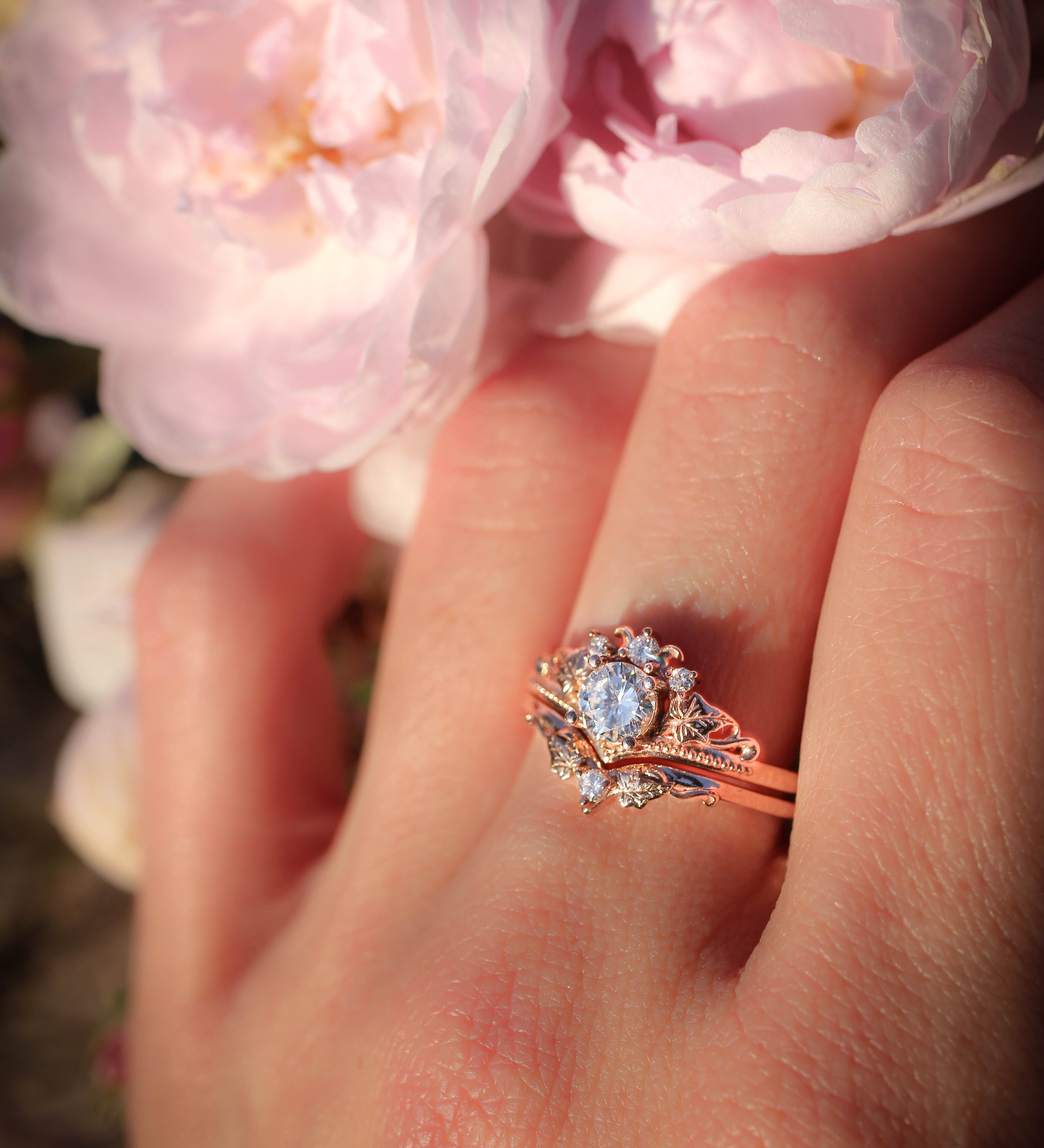 Moissanite bridal ring set, ivy leaves ring / Ariadne - Eden Garden Jewelry™