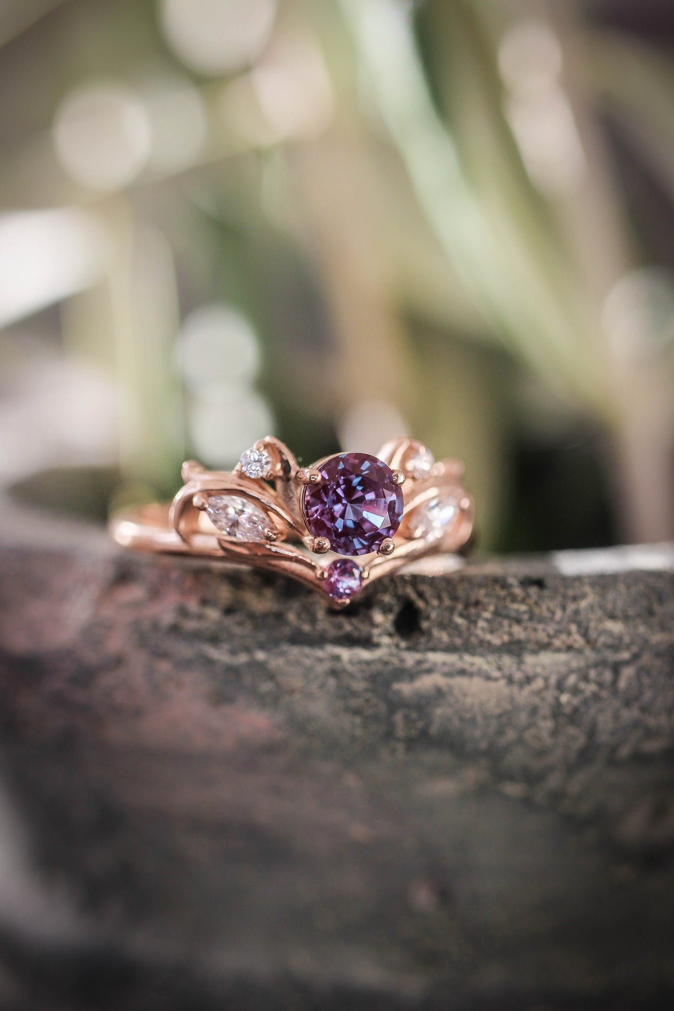 Large Purple Sapphire Engagement Ring Rose Gold 3 Stone Diamond Ring | La  More Design