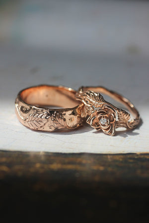 Nature wedding bands set: wide ring for him, rose flower ring for her - Eden Garden Jewelry™