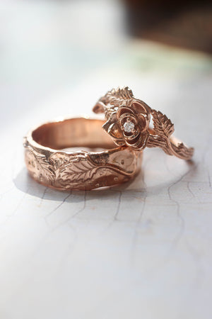 Nature wedding bands set: wide ring for him, rose flower ring for her - Eden Garden Jewelry™