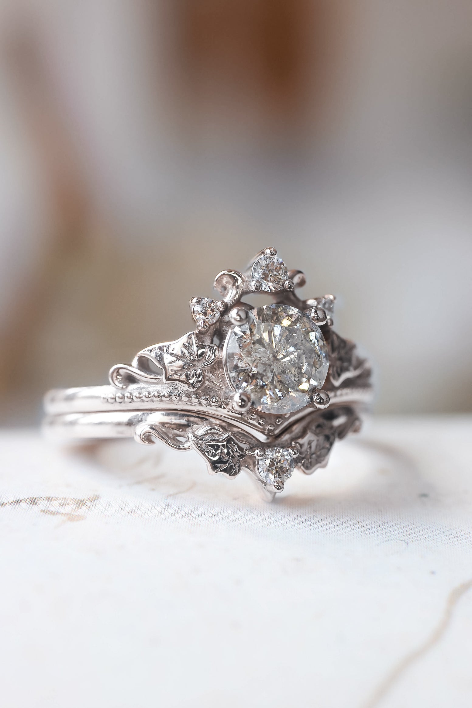 Salt and pepper engagement ring, wedding ring stack, leaves ring