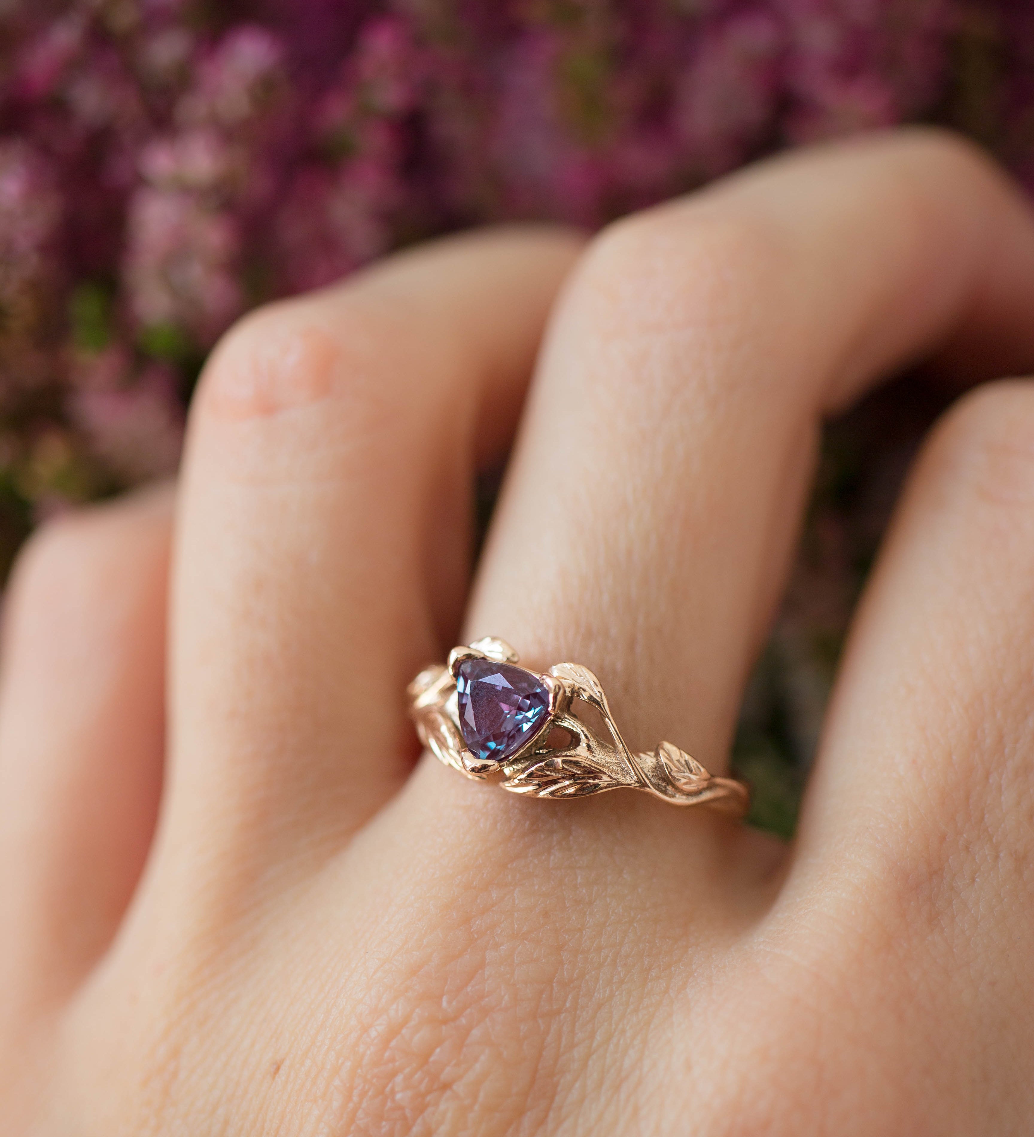 Lab alexandrite ring, trillion cut / Clematis - Eden Garden Jewelry™