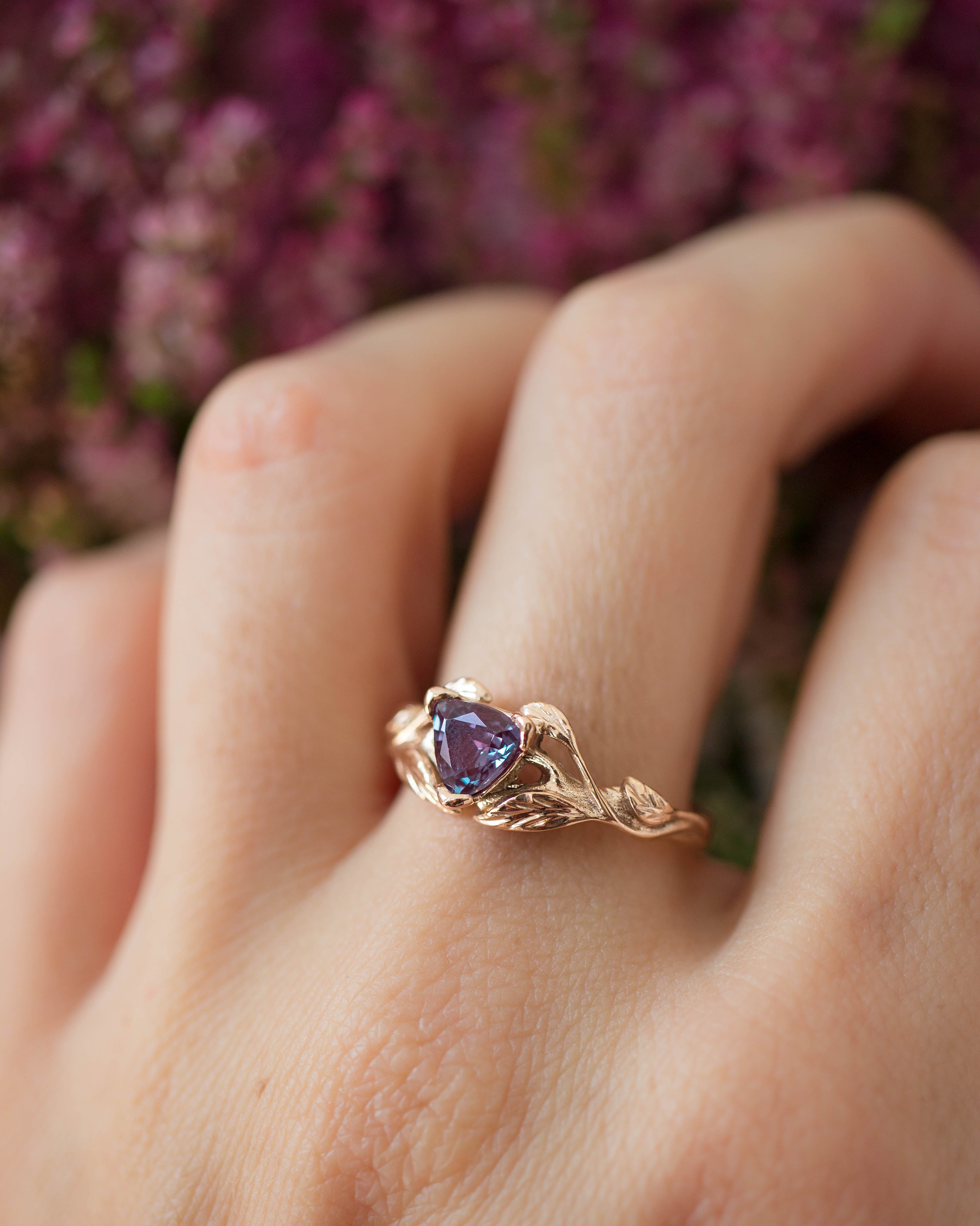 Lab alexandrite ring, trillion cut / Clematis - Eden Garden Jewelry™