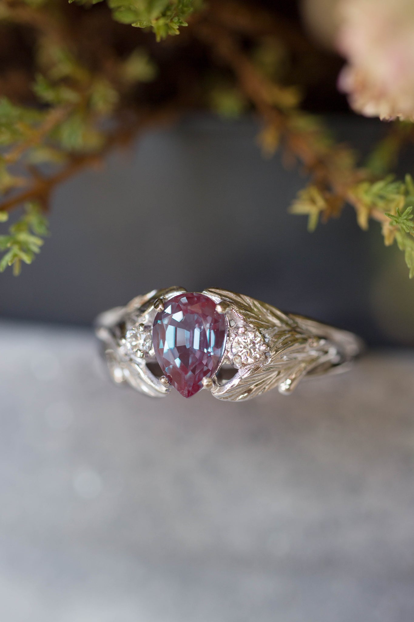 READY TO SHIP: Wisteria in 14K white gold, pear alexandrite 7x5 mm, diamonds, AVAILABLE RING SIZES - 6 US, 8 US - Eden Garden Jewelry™