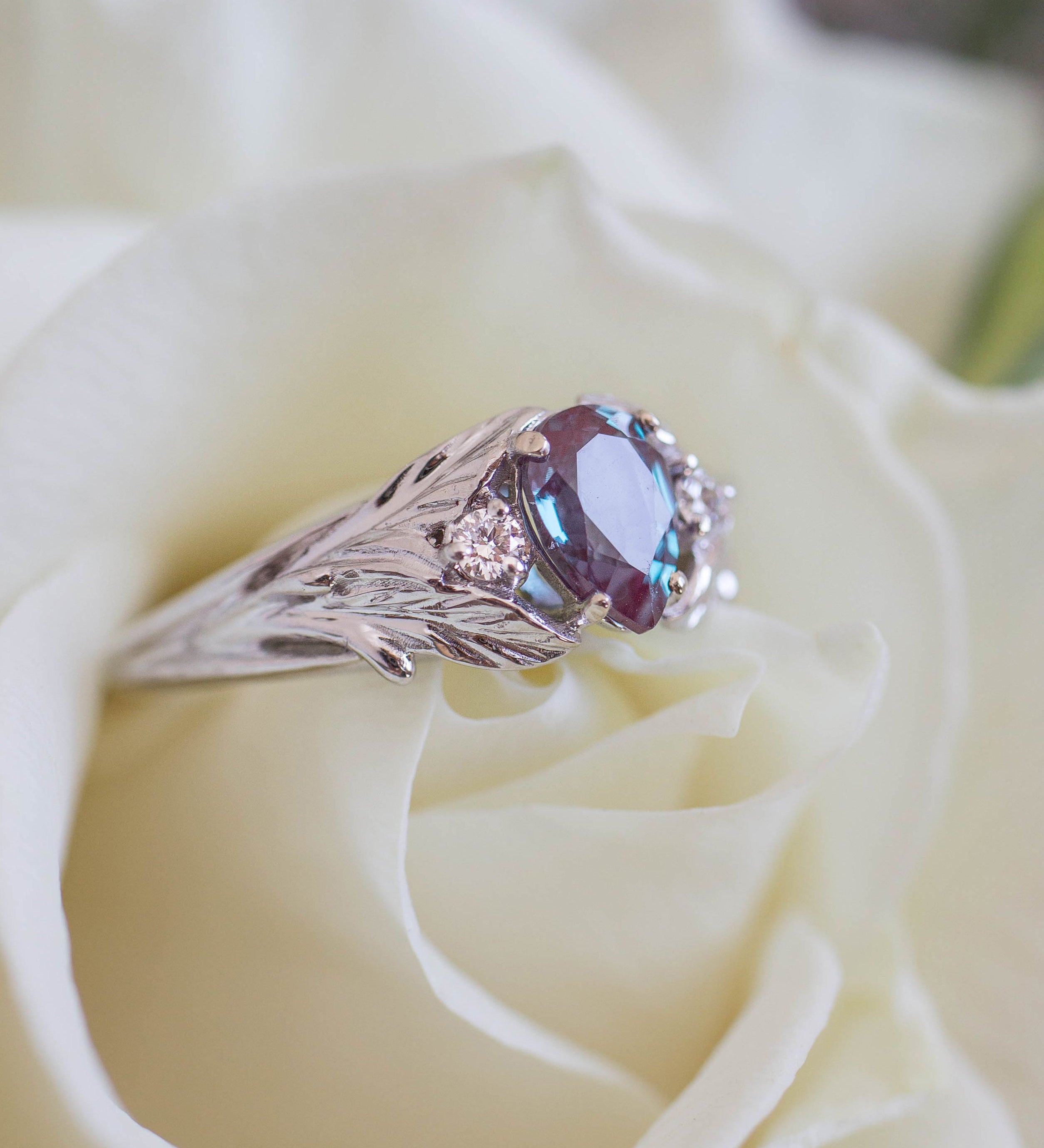 Pear alexandrite ring with diamonds, leaf engagement ring / Wisteria - Eden Garden Jewelry™