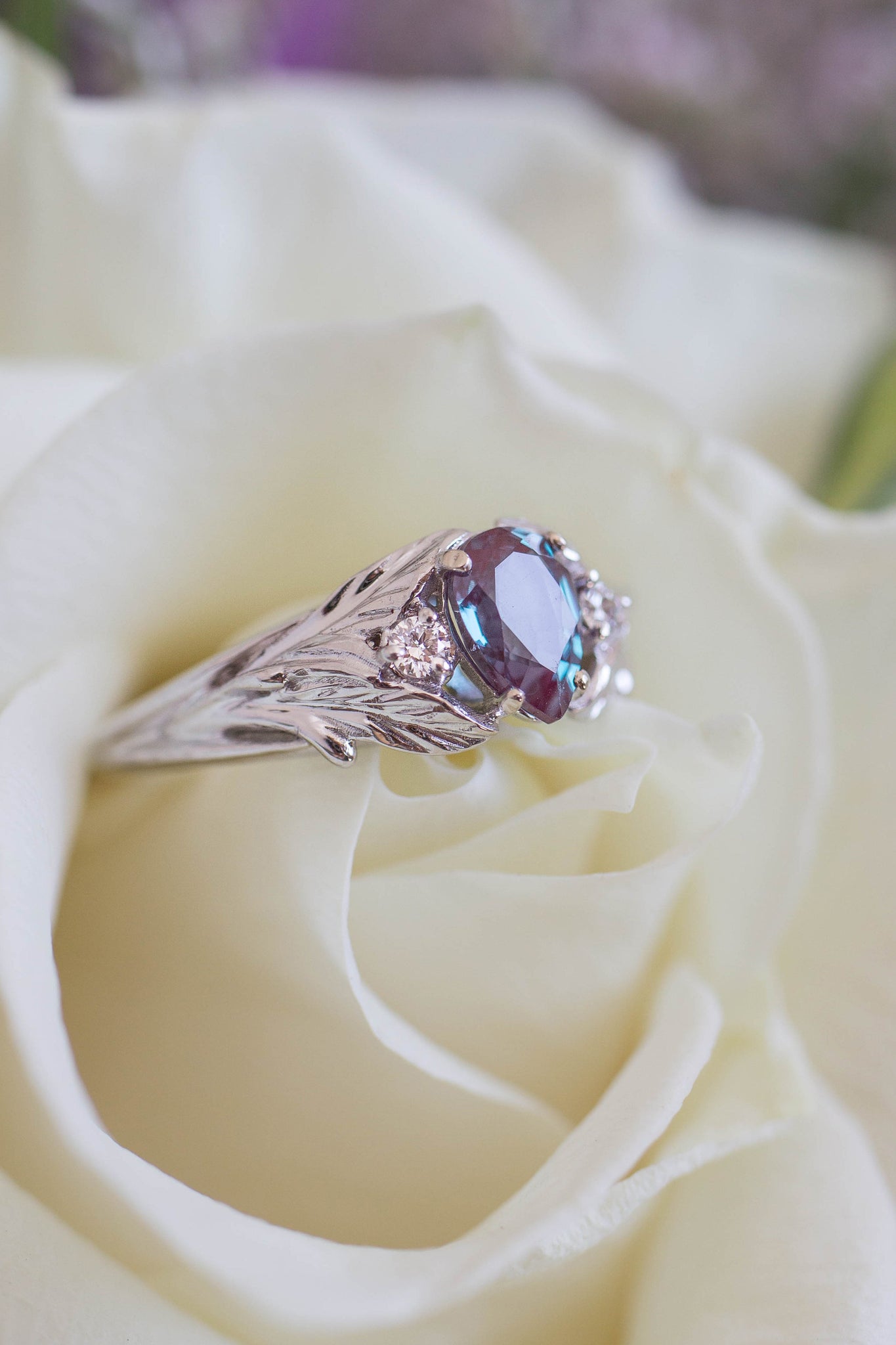 READY TO SHIP: Wisteria in 14K white gold, pear alexandrite 7x5 mm, diamonds, AVAILABLE RING SIZES - 6 US, 8 US - Eden Garden Jewelry™