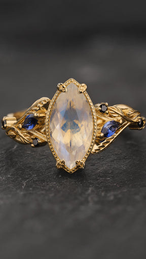 READY TO SHIP Patricia ring with moonstone and accent blue sapphires & black diamonds, 14K yellow gold, AVAILABLE RING SIZES 5.5 - 8.5 US - Eden Garden Jewelry™