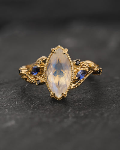 READY TO SHIP Patricia ring with moonstone and accent blue sapphires & black diamonds, 14K yellow gold, AVAILABLE RING SIZES 5.5 - 8.5 US - Eden Garden Jewelry™