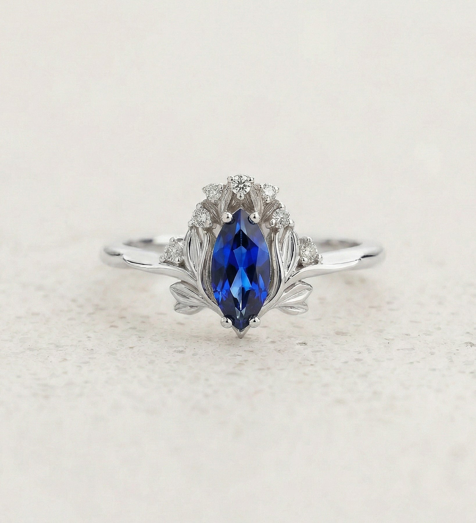 Lab blue sapphire engagement ring, iris flower gold ring with sapphire and diamonds / Iris - Eden Garden Jewelry™