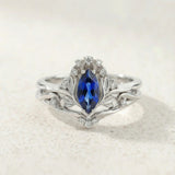 Flower design engagement ring set with lab sapphire, marquise cut gemstone bridal ring set / Iris - Eden Garden Jewelry™