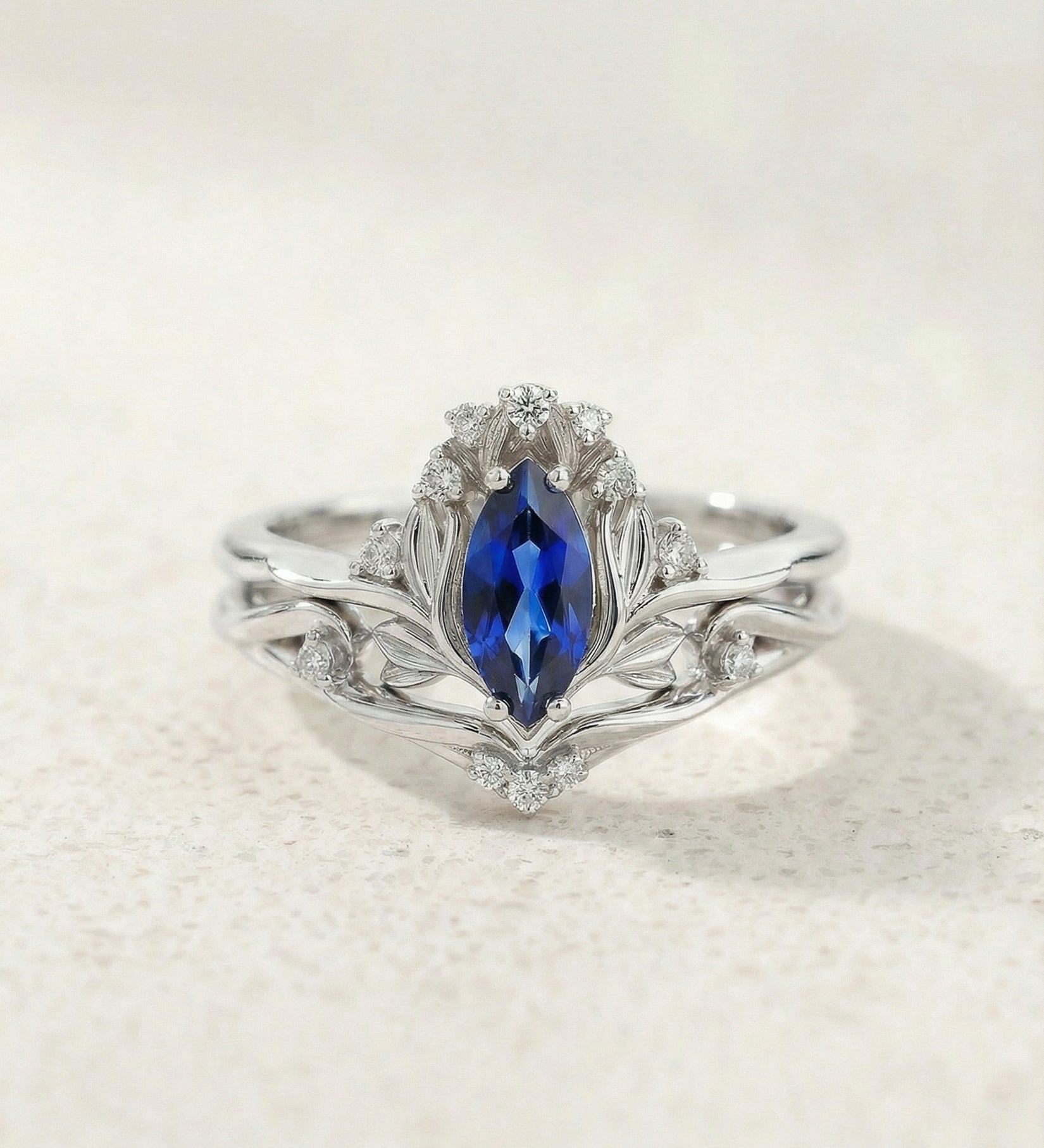 Flower design engagement ring set with lab sapphire, marquise cut gemstone bridal ring set / Iris - Eden Garden Jewelry™