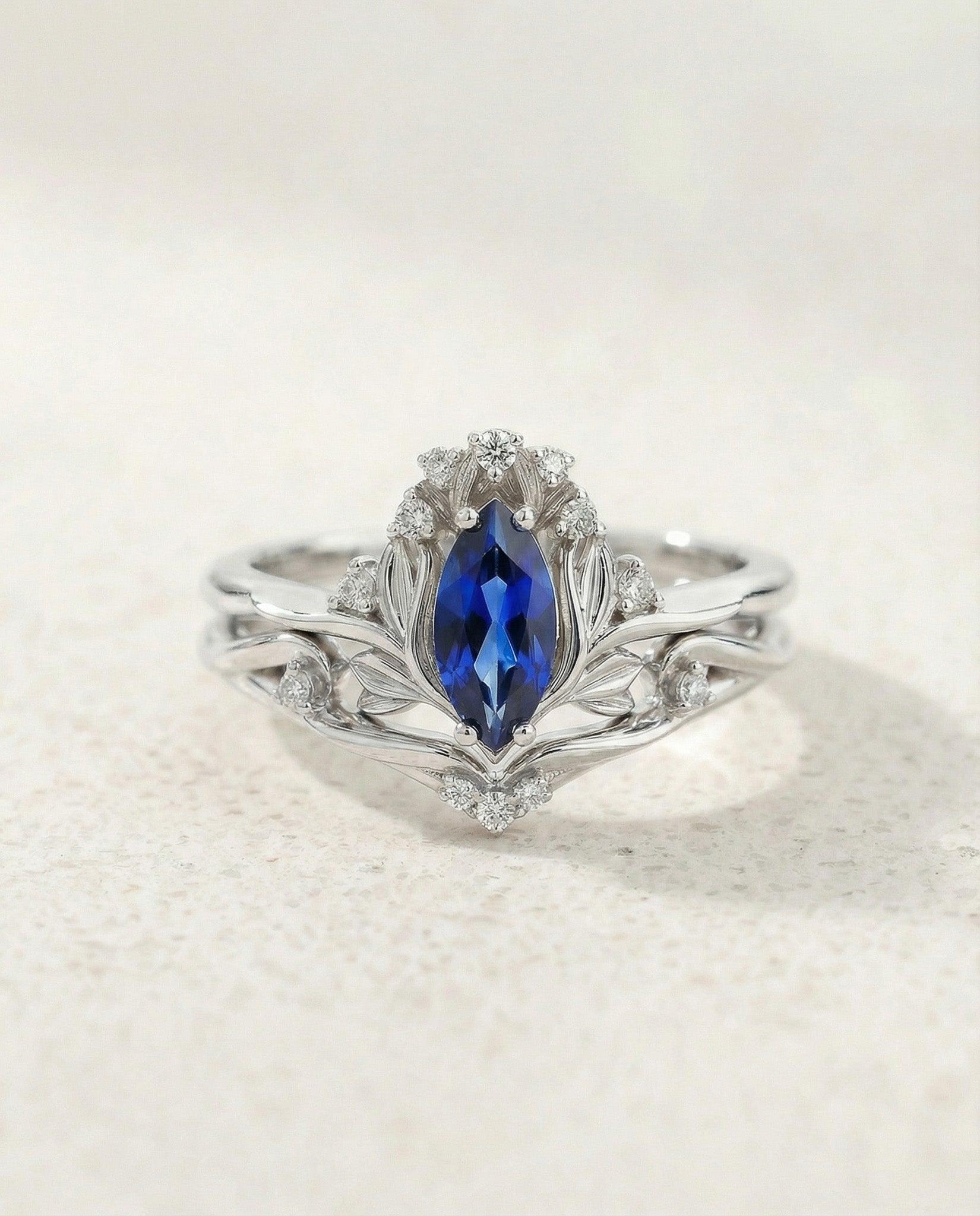 Flower design engagement ring set with lab sapphire, marquise cut gemstone bridal ring set / Iris - Eden Garden Jewelry™