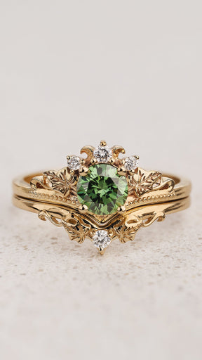 READY TO SHIP Ariadne bridal ring set with green lab-grown diamond, 14K yellow gold, AVAILABLE RING SIZES 5.5 - 8.5 US - Eden Garden Jewelry™