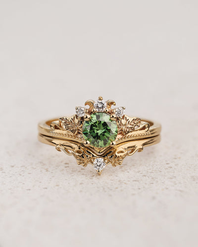 READY TO SHIP Ariadne bridal ring set with green lab-grown diamond, 14K yellow gold, AVAILABLE RING SIZES 5.5 - 8.5 US - Eden Garden Jewelry™