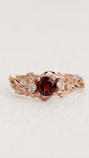 Leafy Engagement Ring with Garnet and Accent Diamonds / Japanese Maple - Eden Garden Jewelry™