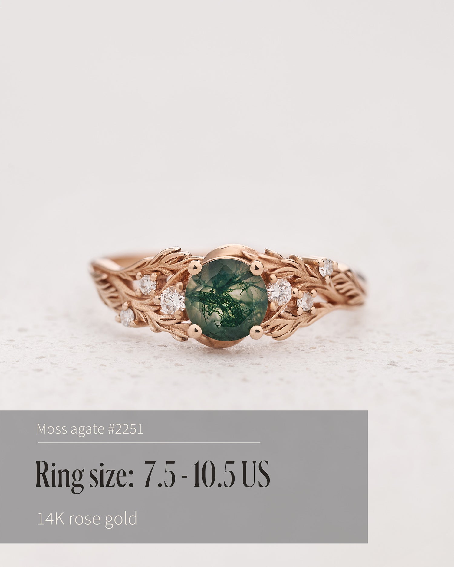 READY TO SHIP: Japanese Maple engagement ring with moss agate and diamonds, 14K rose gold, AVAILABLE RING SIZES: 7.5 - 10.5 US - Eden Garden Jewelry™
