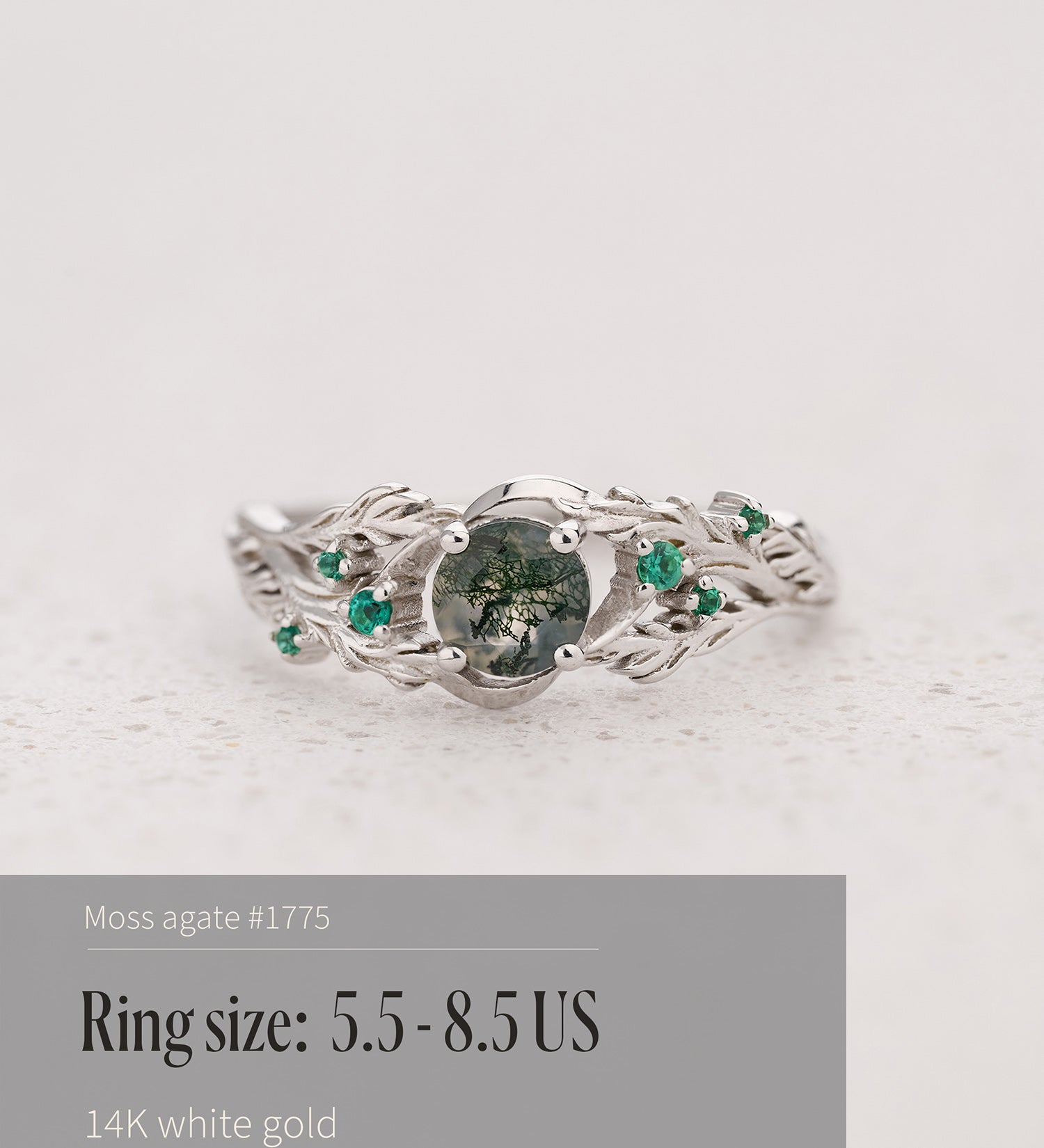 READY TO SHIP: Japanese Maple engagement ring with moss agate and emeralds, 14K white gold, AVAILABLE RING SIZES: 5.5 - 8.5 US - Eden Garden Jewelry™