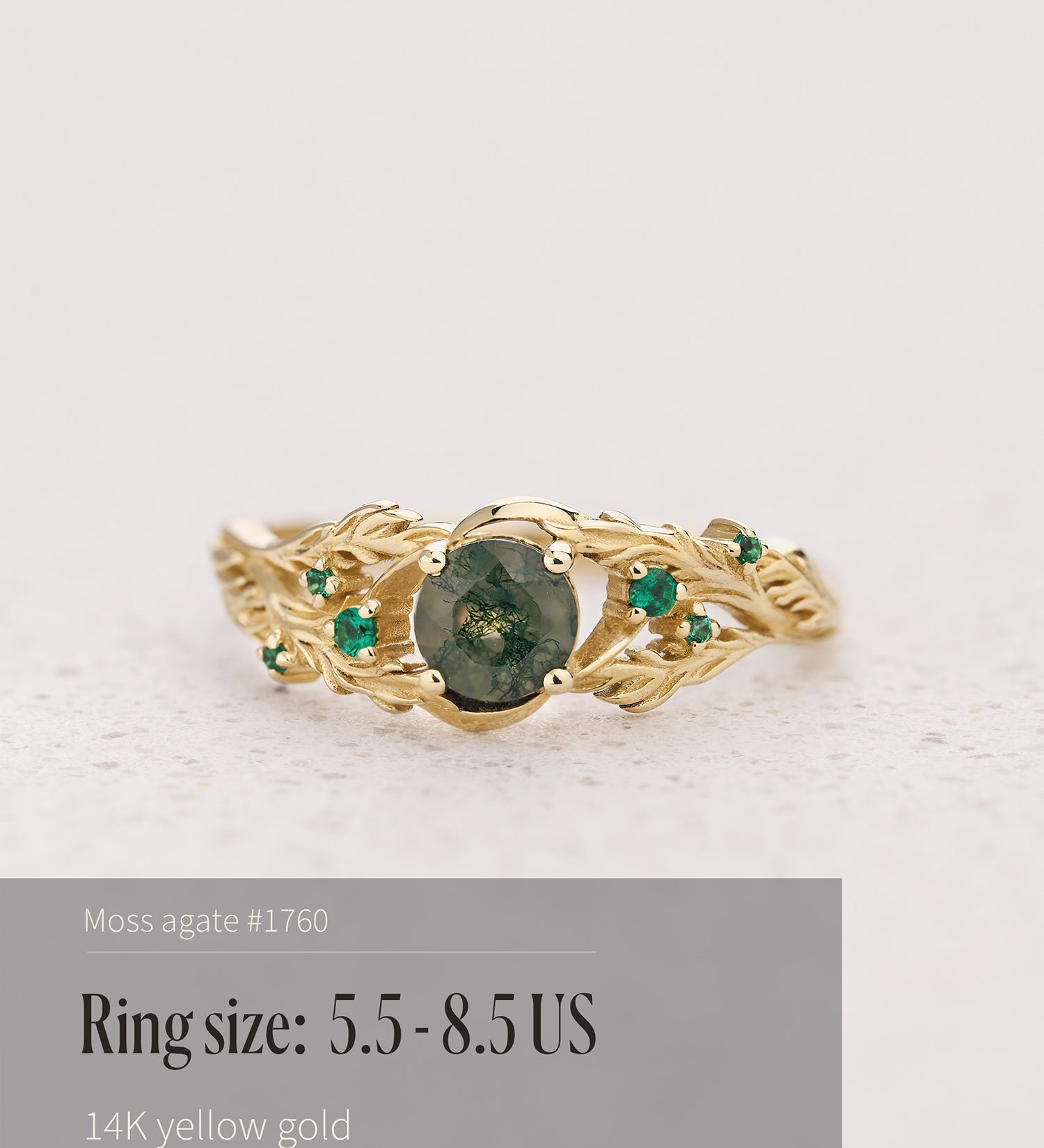 READY TO SHIP: Japanese Maple engagement ring with moss agate and emeralds, 14K yellow gold, AVAILABLE RING SIZES: 5.5 - 8.5 US - Eden Garden Jewelry™