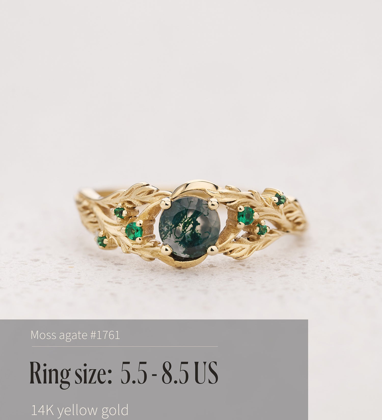READY TO SHIP: Japanese Maple engagement ring with moss agate and emeralds, 14K yellow gold, AVAILABLE RING SIZES: 5.5 - 8.5 US - Eden Garden Jewelry™