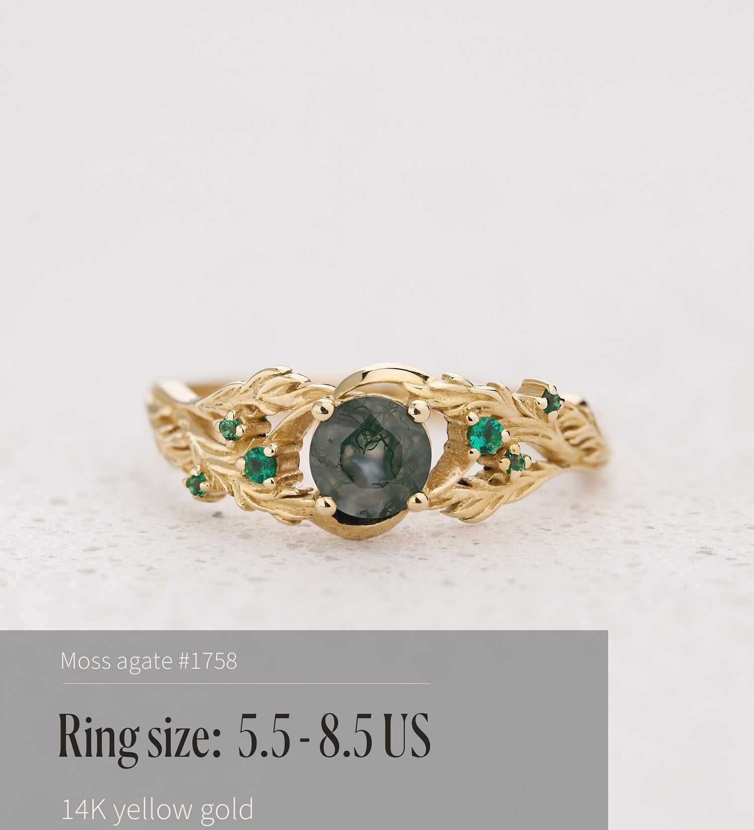 READY TO SHIP: Japanese Maple engagement ring with moss agate and emeralds, 14K yellow gold, AVAILABLE RING SIZES: 5.5 - 8.5 US - Eden Garden Jewelry™