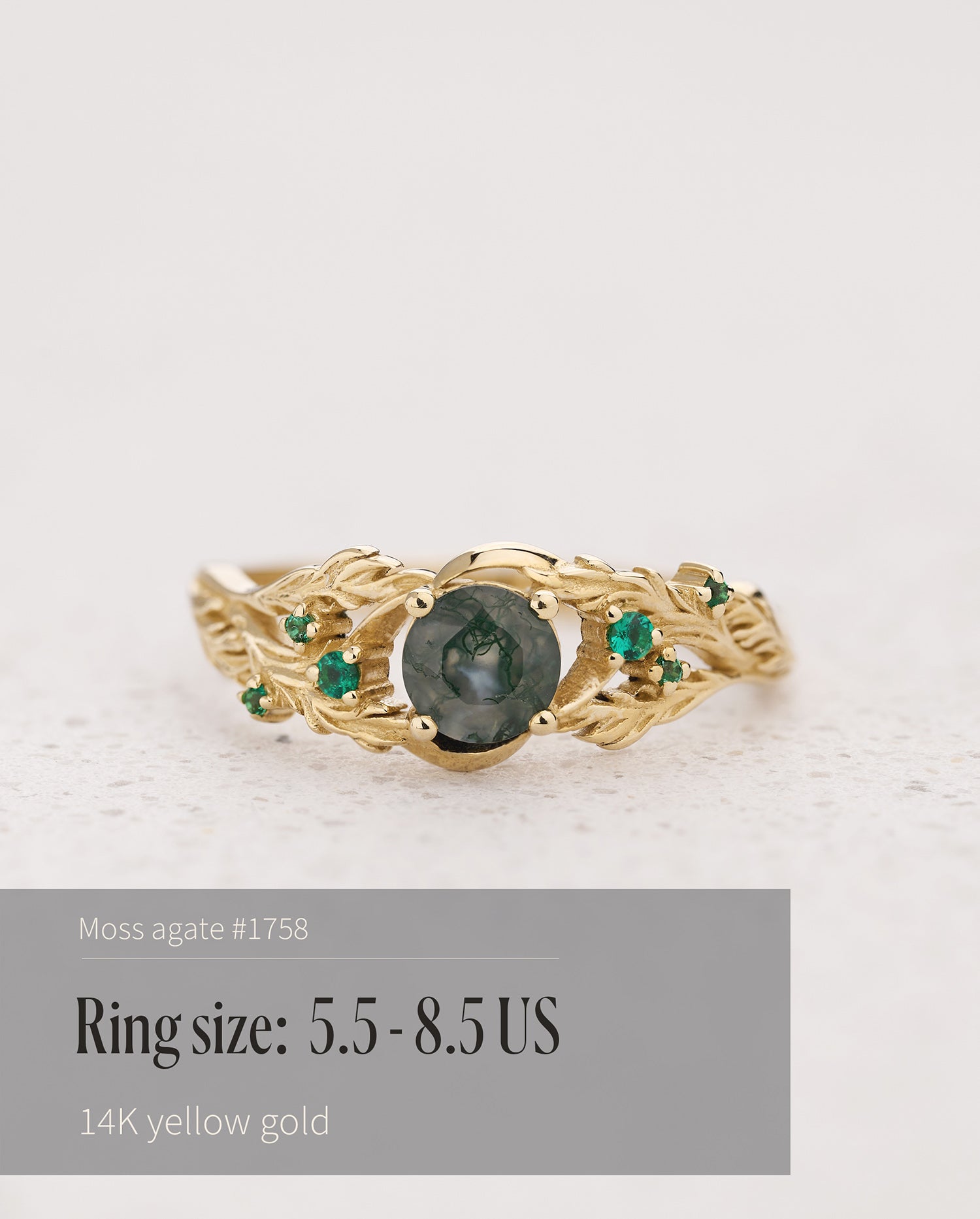READY TO SHIP: Japanese Maple engagement ring with moss agate and emeralds, 14K yellow gold, AVAILABLE RING SIZES: 5.5 - 8.5 US - Eden Garden Jewelry™