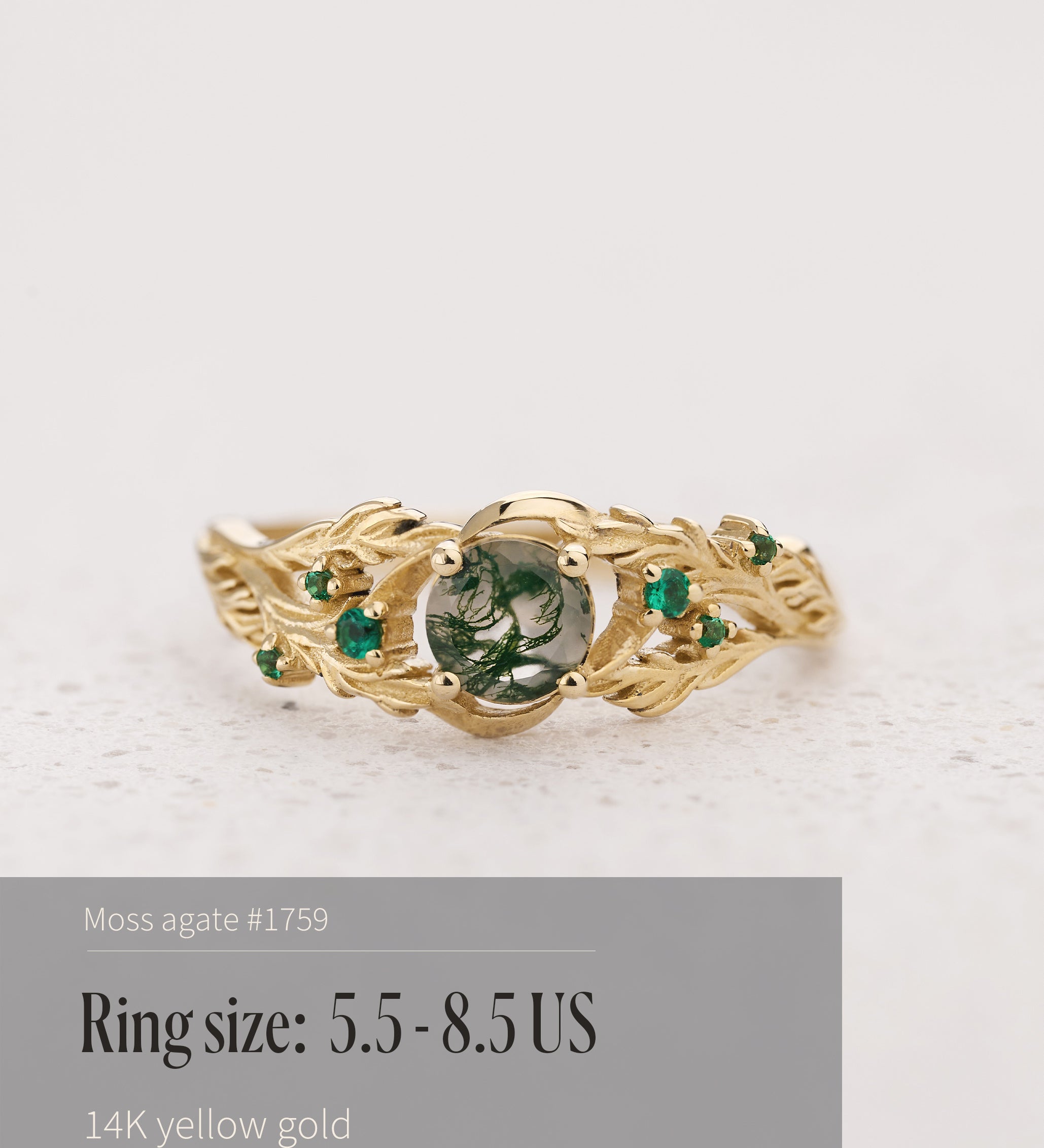 READY TO SHIP: Japanese Maple engagement ring with moss agate and emeralds, 14K yellow gold, AVAILABLE RING SIZES: 5.5 - 8.5 US - Eden Garden Jewelry™