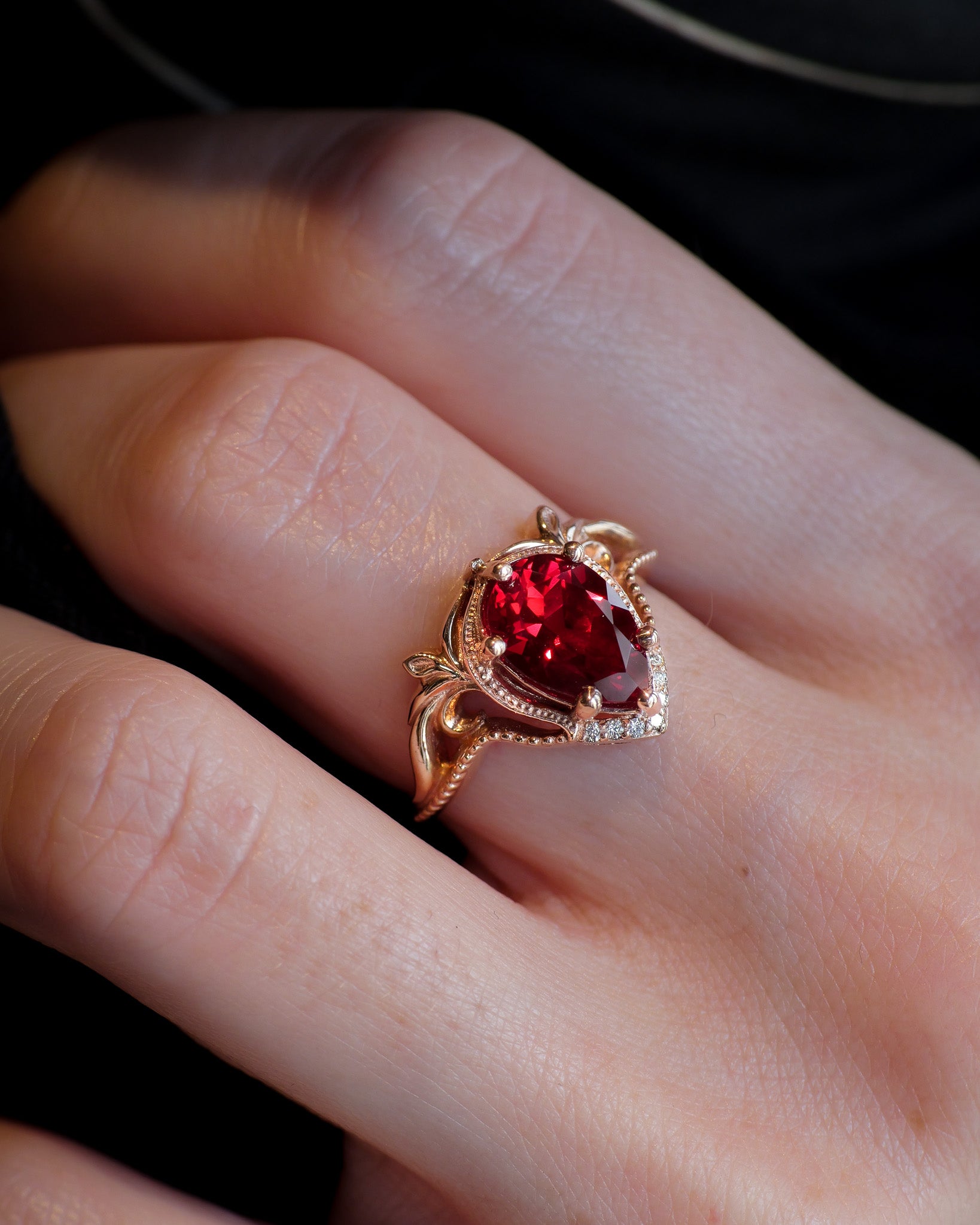 READY TO SHIP Lida ring in 14K rose gold, lab ruby pear cut 10x7mm, accent moissanites, AVAILABLE RING SIZES: 5.5 - 8.5 US - Eden Garden Jewelry™