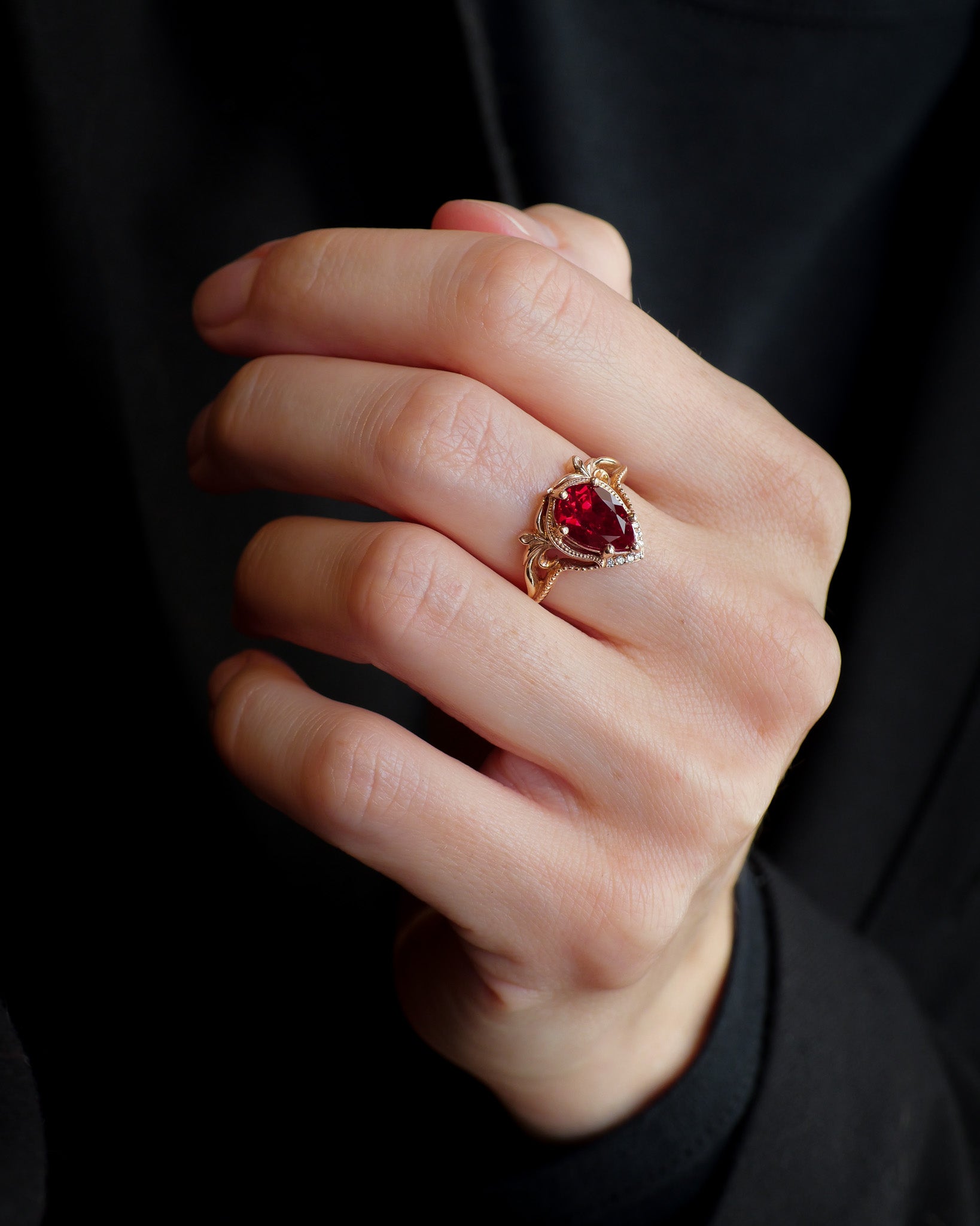 READY TO SHIP Lida ring in 14K rose gold, lab ruby pear cut 10x7mm, accent moissanites, AVAILABLE RING SIZES: 5.5 - 8.5 US - Eden Garden Jewelry™