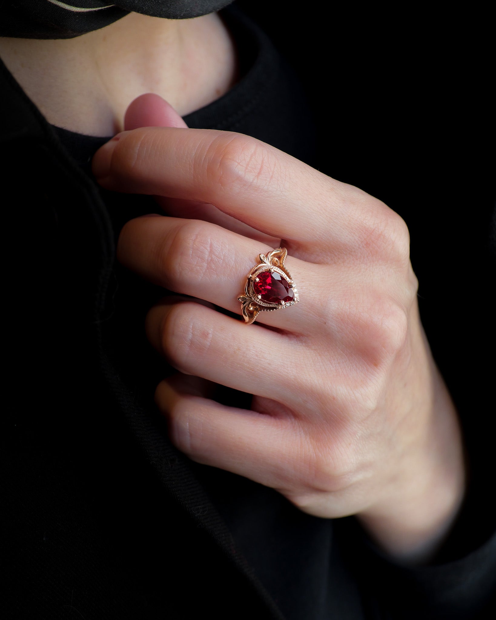 READY TO SHIP Lida ring in 14K rose gold, lab ruby pear cut 10x7mm, accent moissanites, AVAILABLE RING SIZES: 5.5 - 8.5 US - Eden Garden Jewelry™