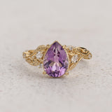 Lavender amethyst nature themed engagement ring, big pear cut gemstone gold ring with diamonds / Patricia